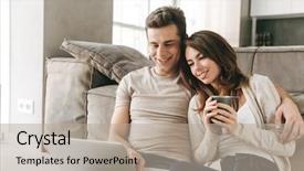  Presentation with relaxing - PPT theme consisting of love movie - smiling young couple relaxing background and a mint green colored foreground