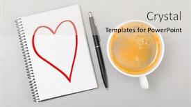  Presentation with love heart - PPT layouts consisting of love notebook with heart picture and cup on gray background and a lemonade colored foreground