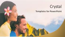  Presentation with young happy couple - Theme having love on summer holiday usa background and a sky blue colored foreground