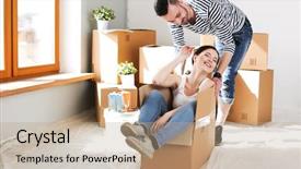  Presentation with young happy couple - Presentation enhanced with love package - happy young couple unpacking background and a  colored foreground