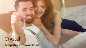  Presentation with new born heathl professionnal - Beautiful slides featuring love package - young couple holding the key backdrop and a  colored foreground