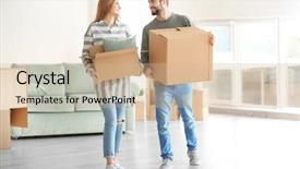  Presentation with new home - Amazing slide deck having love package - young couple with moving boxes backdrop and a soft green colored foreground