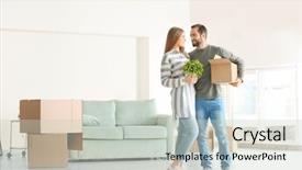  Presentation with new home - Cool new slides with love package - young man holding moving box backdrop and a light gray colored foreground