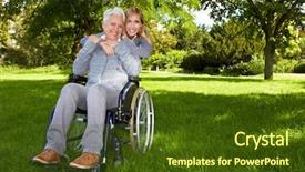  Presentation with wheelchair - Amazing PPT theme having love park - happy woman in wheelchair backdrop and a tawny brown colored foreground