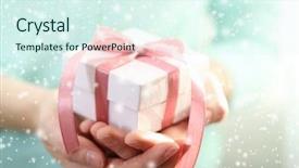  Presentation with christmas gift wrap - Amazing PPT layouts having love party magic - woman holding christmas gift closeup backdrop and a sky blue colored foreground