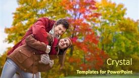  Presentation with teenage love - Slides enhanced with love relationship and season concept - happy teenage couple hugging over autumn park background background and a tawny brown colored foreground
