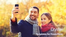  Presentation with relationship - Colorful slides enhanced with love relationship family and people concept - smiling couple hugging and taking selfie with smartphone in autumn park backdrop and a navy blue colored foreground