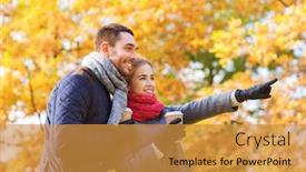  Presentation with relationship - Beautiful presentation theme featuring love relationship season friendship and people concept - smiling couple with coffee cups in autumn park backdrop and a gold colored foreground
