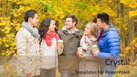  Presentation with paper cups - Slides enhanced with love relationship season friendship and people concept - group of smiling men and women walking with paper coffee cups in autumn park background and a coral colored foreground