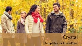  Presentation with relationship - PPT layouts featuring love relationship season friendship and people concept - group of smiling men and women walking in autumn park background and a gold colored foreground