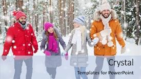  Presentation with relationship - Colorful theme enhanced with love relationship season friendship and people concept - group of smiling men and women walking ad having fun in winter forest backdrop and a light blue colored foreground