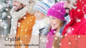  Presentation with relationship - PPT theme consisting of love relationship season friendship and people concept - group of smiling men and women walking in winter forest background and a coral colored foreground