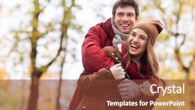  Presentation with relationships - PPT theme with love relationships season and people concept - happy young couple hugging and laughing in autumn park background and a tawny brown colored foreground