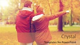  Presentation with relationships - Colorful PPT theme enhanced with love relationships season and people concept - happy young couple walking in autumn park and pointing finger to something backdrop and a yellow colored foreground