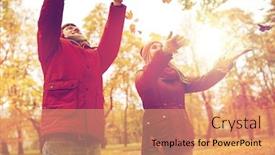  Presentation with relationships - PPT theme with love relationships season and people concept - happy young couple throwing autumn leaves up in park background and a coral colored foreground