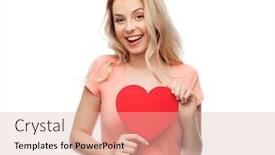  Presentation with teenage love - Slide set consisting of love romance charity valentines day and people concept - smiling young woman or teenage girl with blank red heart shape background and a lemonade colored foreground