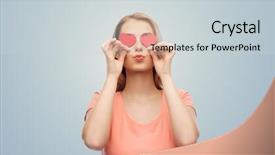  Presentation with teenage love - Colorful PPT layouts enhanced with love romance valentines day and people concept - smiling young woman or teenage girl with red heart shapes on eyes over gray background backdrop and a light gray colored foreground