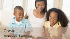  Presentation with children reading - Colorful PPT layouts enhanced with love story - woman and two children sitting backdrop and a  colored foreground