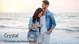  Presentation with how to be happy - Cool new slide deck with love summer - happy young couple hugging backdrop and a light blue colored foreground