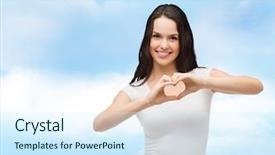  Presentation with design love - Slides having love t-shirt design and happy people concept - smiling girl in white blank t-shirts showing heart with hands background and a sky blue colored foreground