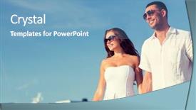  Presentation with city people walking - Slides having love travel tourism and people concept - smiling couple wearing sunglasses and walking in city background and a teal colored foreground