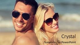  Presentation with tourism - Cool new PPT theme with love travel tourism summer and people concept - smiling couple on vacation in swimwear sitting on beach back to back backdrop and a coral colored foreground