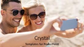  Presentation with tourism selfie - Audience pleasing theme consisting of love travel tourism technology and people concept - smiling couple on vacation in swimwear and sunglasses and taking selfie with smartphone on summer beach backdrop and a coral colored foreground