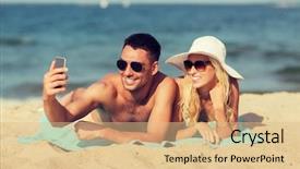 Presentation with tourism selfie - Presentation design consisting of love travel tourism technology and people concept - smiling couple on vacation in swimwear and sunglasses and taking selfie with smartphone on summer beach background and a coral colored foreground