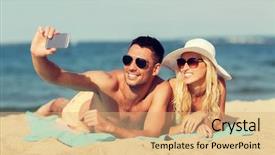  Presentation with tourism selfie - Beautiful presentation theme featuring love travel tourism technology and people concept - smiling couple on vacation in swimwear and sunglasses and taking selfie with smartphone on summer beach backdrop and a coral colored foreground