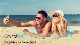  Presentation with tourism selfie - Audience pleasing theme consisting of love travel tourism technology and people concept - smiling couple on vacation in swimwear and sunglasses and taking selfie with smartphone on summer beach backdrop and a lemonade colored foreground