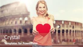  Presentation with teenage love - Cool new theme with love travel tourism valentines day and people concept - smiling young woman or teenage girl with blank red heart shape over coliseum background backdrop and a coral colored foreground