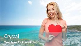  Presentation with teenage love - Slide deck consisting of love travel tourism valentines day and people concept - smiling young woman or teenage girl with blank red heart shape over exotic tropical beach background background and a teal colored foreground