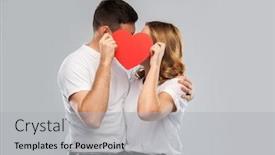  Presentation with relationships - Slide set consisting of love valentines day and relationships concept - smiling couple kissing behind big red heart over grey background background and a light gray colored foreground