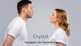  Presentation with couple kiss - Presentation design featuring love valentines day and relationships concept - portrait of happy couple in white t-shirts ready for kiss over grey background background and a light gray colored foreground
