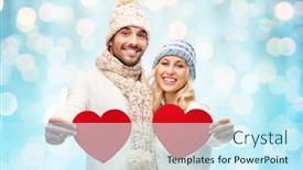  Presentation with blue lights - Amazing presentation theme having love valentines day couple christmas and people concept - smiling man and woman in winter hats and scarf holding red paper heart shapes over blue holidays lights background backdrop and a cool aqua colored foreground