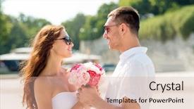  Presentation with dating - Presentation theme having love wedding summer dating and people concept - smiling couple wearing sunglasses with bunch of flowers looking at each other in city background and a coral colored foreground