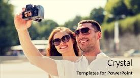  Presentation with dating - Slide deck consisting of love wedding summer dating and people concept - smiling couple wearing sunglasses making selfie with digital camera in park background and a lemonade colored foreground