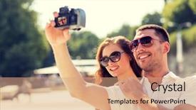  Presentation with dating - PPT layouts having love wedding summer dating and people concept - smiling couple wearing sunglasses making selfie with digital camera in park background and a coral colored foreground