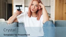  Presentation with living room - Beautiful PPT theme featuring lovely-bored-young-attractive-woman backdrop and a light blue colored foreground