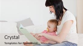  Presentation with baby book - Beautiful presentation design featuring lovely brunette woman showing backdrop and a soft green colored foreground