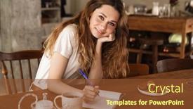  Presentation with taking notes - Amazing slides having lovely-cheerful-young-girl-sitting backdrop and a tawny brown colored foreground