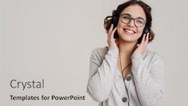  Presentation with listening woman - Presentation design featuring lovely-cheerful-young-woman-listening background and a light gray colored foreground