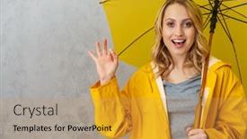  Presentation with cheerful - Colorful presentation design enhanced with lovely-cheerful-young-woman-wearing backdrop and a yellow colored foreground