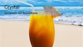  Presentation with fruit cocktail - PPT theme enhanced with lovely cold fresh fruit cocktail with pineapple and straw on a tropical island beach background and a light blue colored foreground