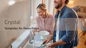  Presentation with kitchen - Beautiful PPT theme featuring lovely-couple-doing-the-dishes backdrop and a coral colored foreground