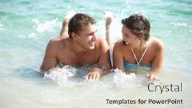  Presentation with water life - Slide deck with lovely couple splashing in water enjoying resort life background and a sky blue colored foreground