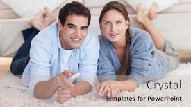  Presentation with living room - Amazing PPT theme having lovely couple watching tv while lying on a carpet in their living room backdrop and a soft green colored foreground