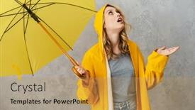  Presentation with umbrella - Cool new PPT theme with lovely-excited-young-woman-wearing backdrop and a coral colored foreground