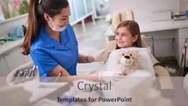  Presentation with dentist - Amazing slide deck having lovely-female-dentist-with-girl backdrop and a light gray colored foreground