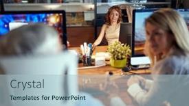  Presentation with feminine - PPT layouts consisting of lovely-feminine-work-enviroment-atmosphere background and a light blue colored foreground